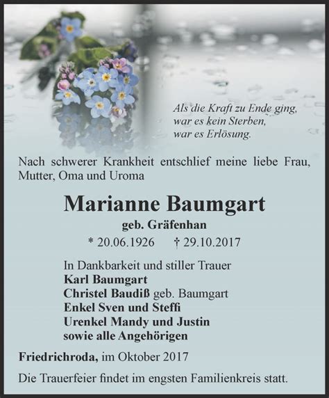 Traueranzeigen Von Marianne Baumgart Trauer In Thueringen De