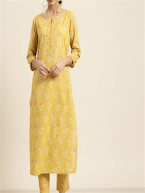 Buy Sangria Women Yellow Ethnic Motifs Printed Kurta With Trousers