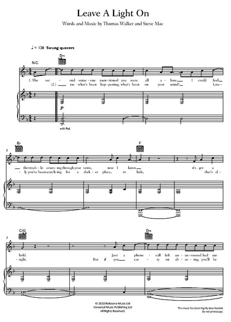 Leave A Light On Klavier Gesang And Gitarre Pdf Noten Von Tom Walker In D Moll Fbd 33184