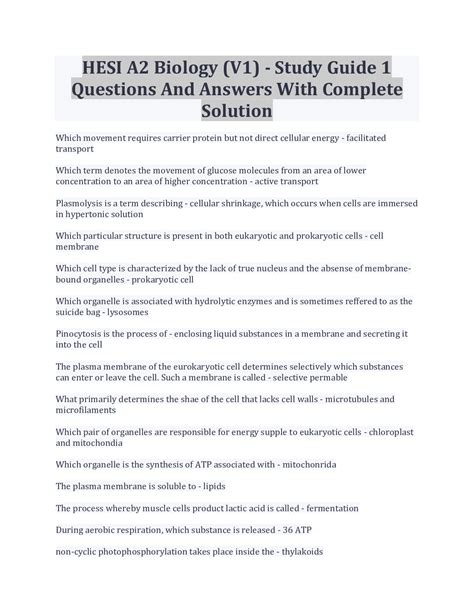 Hesi A2 Biology V1 Study Guide 1 Questions And Answers With