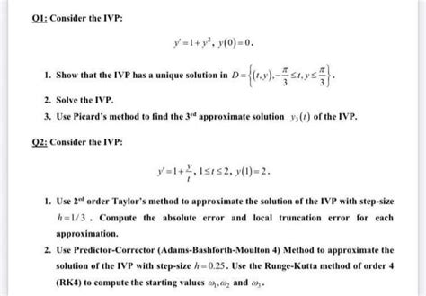 Solved Q1 Consider The Ivp Y 1 Y Y 0 0 1 Show That