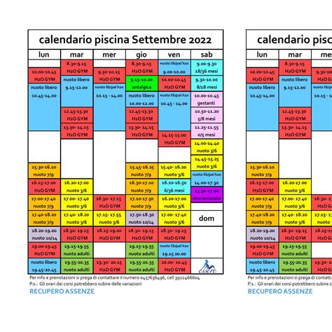 CALENDARIO CORSI PISCINA 2022 2023 Novembre Xlsx Settembre 2022 Pdf