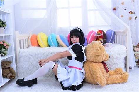 1369932 4K Asian Teddy Bear Brunette Girl Pose Sitting Uniform Maid Glance Rare