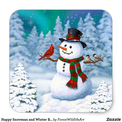 Happy Christmas Snowman & Birds Winter Scene Classic Round Sticker ...