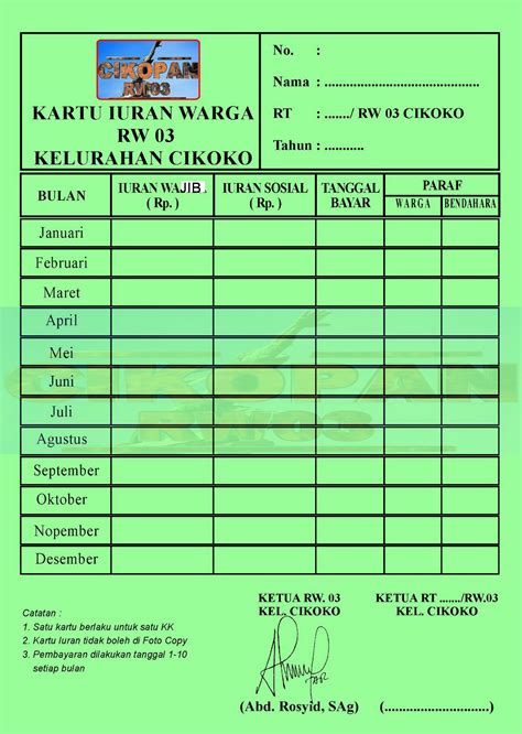 Cikopan86 Contoh Kartu Iuran Wargaiuran Keamanan Dan Donatur Tetap