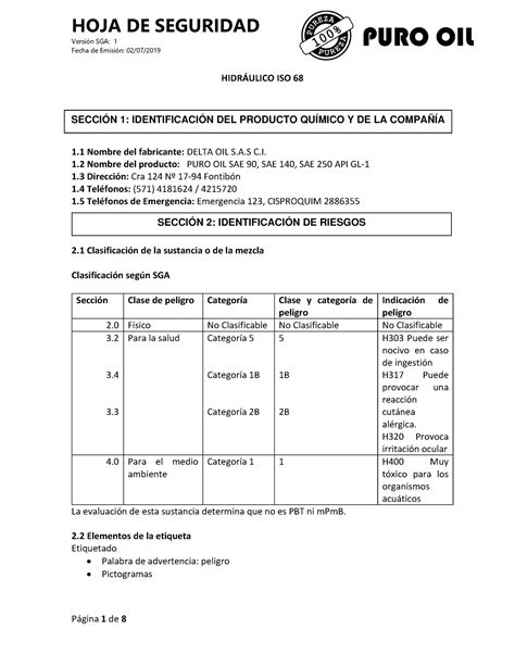 Hoja De Seguridad Aceite Versi N Sga Fecha De Emisi N Hidr