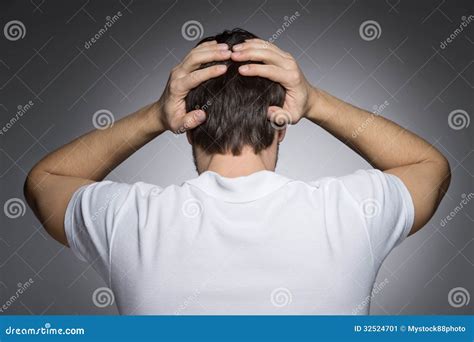 Men With Headache Rear View Of Men Holding His Head In Hands While