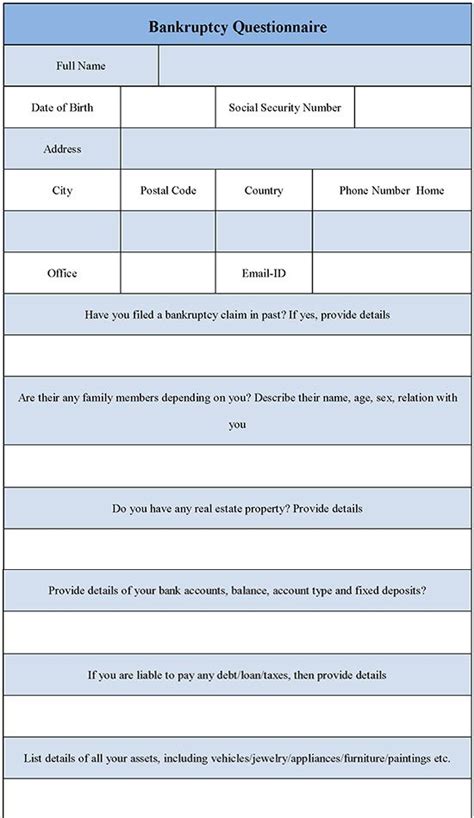 Bankruptcy Questionnaire Form Printable Printable Forms Free Online