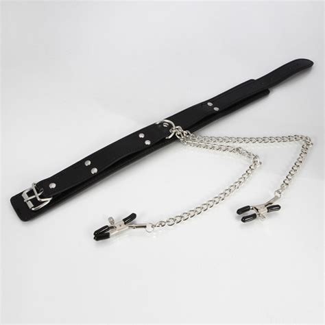 PU Leather Sex Collar With Nipple Clamps Best Crossdress Tgirl Store
