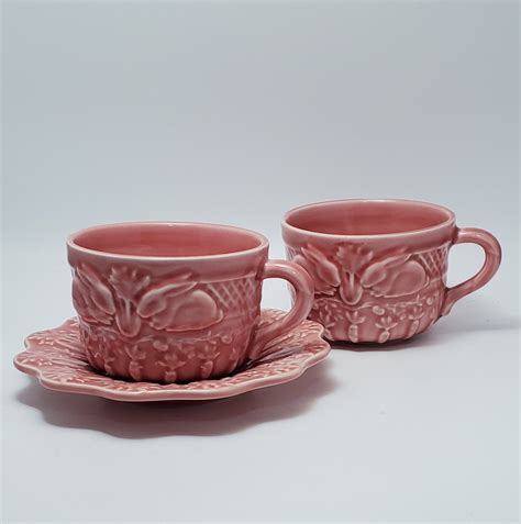 Bordallo Pinheiro Pink Bunny Carrot Teacups And Saucer Portugal