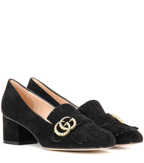 Gucci Marmont Fringed Logo Embellished Suede Loafers In Black