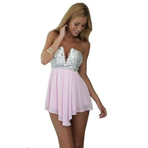 Pink Summer Playsuit Sequin Short Dress Short Dresses Chiffon Mini Dress