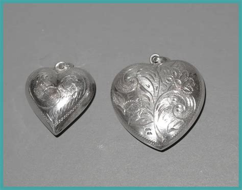 Pair 2 Vintage Solid Sterling Silver Puffy Heart Pendants Large