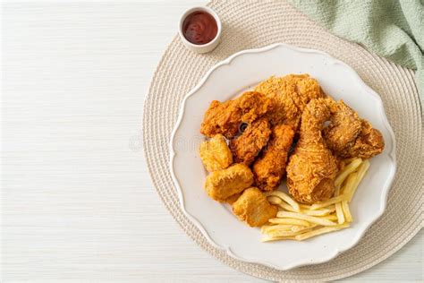 Fried Chicken with French Fries and Nuggets on Plate Stock Photo ...