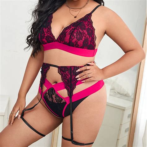 Sexy Plus Size Spaghetti Straps Lace Bra And Thong High Waist Lingerie N