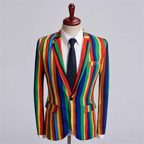 Mens Blazer Colorful Stripe Plus Size Stylish Casual Slim Fit For Singer Prom Casual Striped