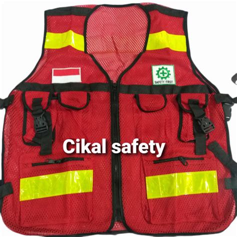 Jual Rompi Safety Jaring Kantong Merah Bordir Logo K Bendera Merah