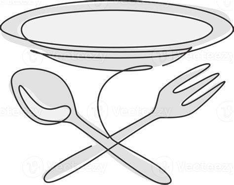 Single continuous line drawing stylized plate, fork and spoon for cafe ...