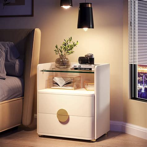 Tribesigns Drawer Nightstand With Tempered Glass Beige Bedside Table