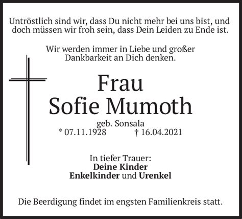 Traueranzeigen Von Sofie Mumoth Trauer Merkur De