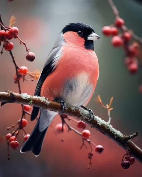 Full Body Portrait Cute Bullfinch Bird With Red Chest In Snowy Forest