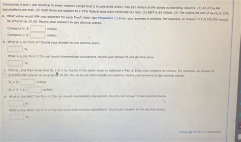Solved Companies U And L Are Identical In Every Respect Chegg