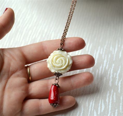 Romantic Necklace Red And Ivory Rose Necklace Boho Jewelry Etsy