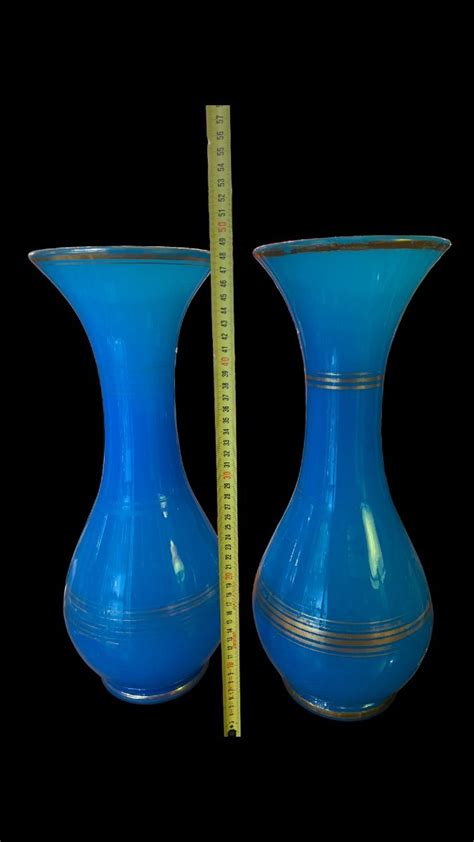 Proantic Paire De Vases En Opaline Bleu