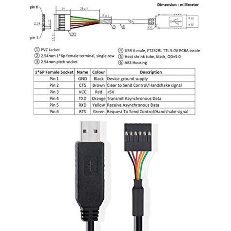 Dtech Ftdi Usb To Ttl Serial 5v Adapter Cable 6 Pin 01 Inch Pitch