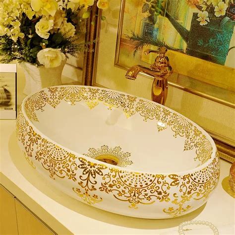 Gold Pattern Big Oval Basin Washbasin Jingdezhen Art Ceramic Wash Basin