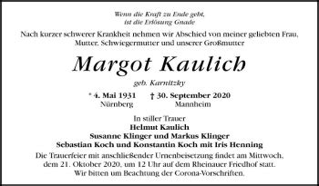 Traueranzeigen Von Margot Kaulich Trauerportal Ihrer Tageszeitung