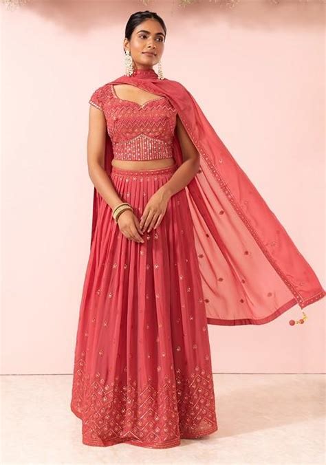 Buy Women Pink Sequin Boota Embroidered Lehenga Set With Embroidered