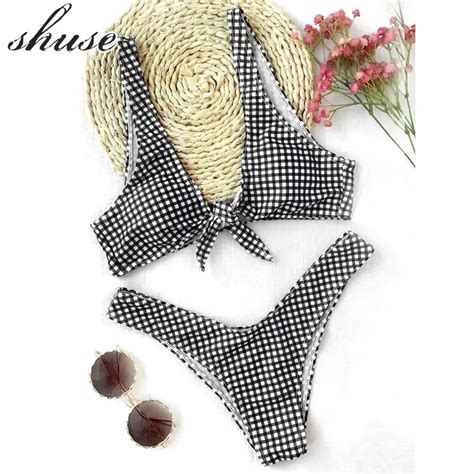 Shuse Sexy Thong Brazilian Bikinis Swimsuit Women Push Up Solid Plaid