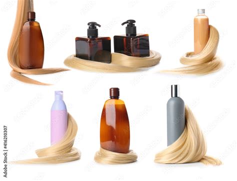 Set of shampoo for blonde hair on white background Stock Photo | Adobe ...