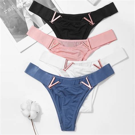 Fashion Sexy Seamless Women Panties Low Rise Thongs V Shaped Metal Decor Panties Bikini Briefs