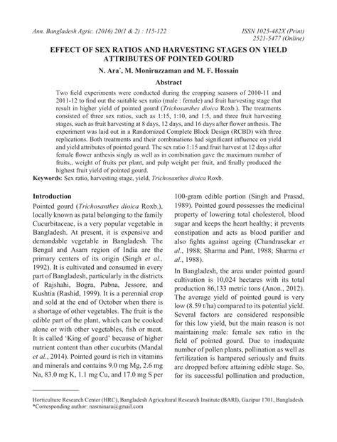 Pdf Effect Of Sex Ratios And Harvesting Stages On Yield Attributes Of