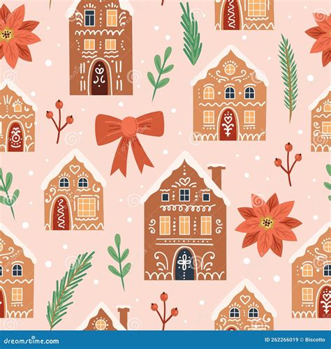 Gingerbread Houses Christmas Pattern Cute Vector Illustration In Flat