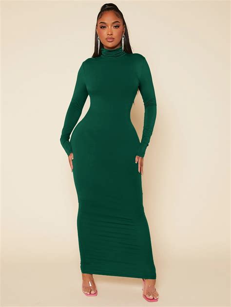 SHEIN SXY High Neck Solid Bodycon Dress Green Bodycon Dress Bodycon