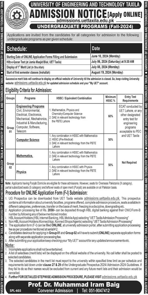 University Of Engineering And Technology UET Taxila Admissions Fee