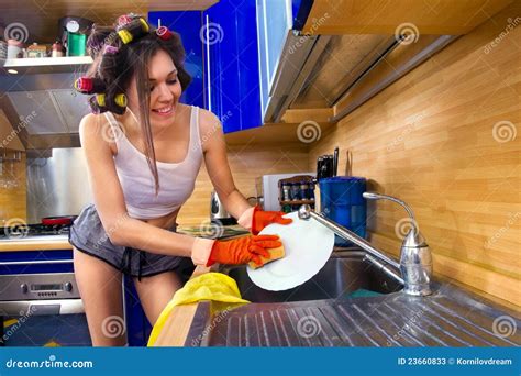 Woman Enjoying Washing Dishes Stock Image Image Of Home Laugh 23660833