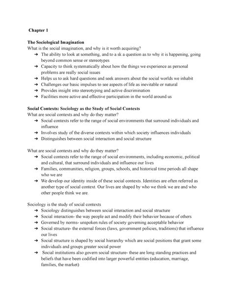 Soc Midterm Study Guide Chapter The Sociological Imagination