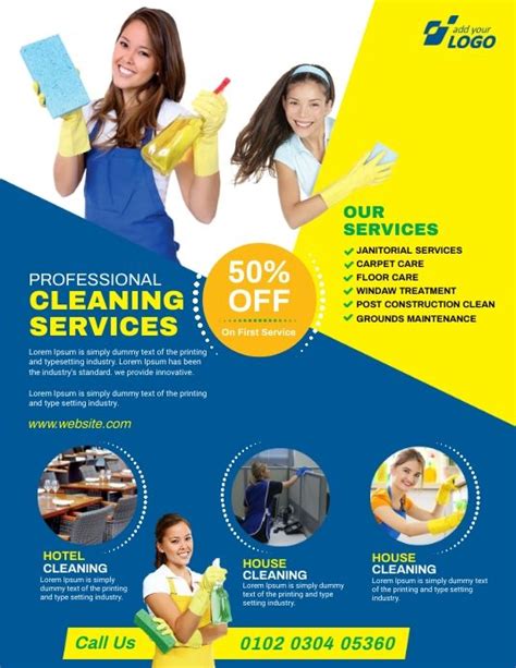 a flyer for cleaning services with two women in yellow and blue ...