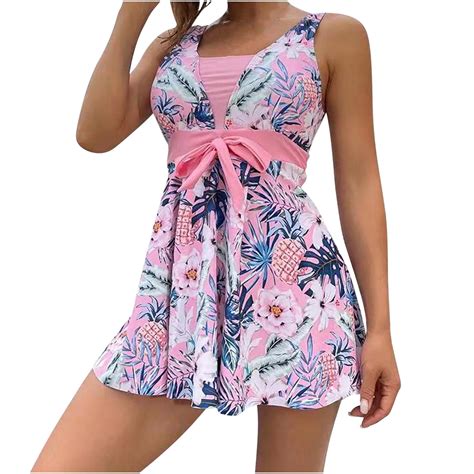 Wreesh Womens Swim Dress Tie Front Swim Dress Print Swimwear Two Piece Slim Swimsuit Bikini