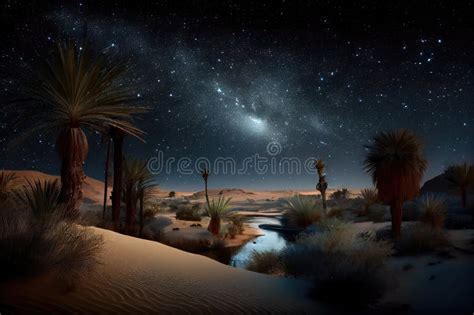 Oasis, with View of the Night Sky and Stars, Under a Starry Desert Sky ...