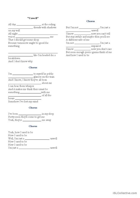 Unwell Matchbox 20 Song And Nurser English Esl Worksheets Pdf And Doc