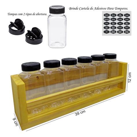 Prateleira Porta Temperos Em Madeira C Potes E Etiquetas Oferta