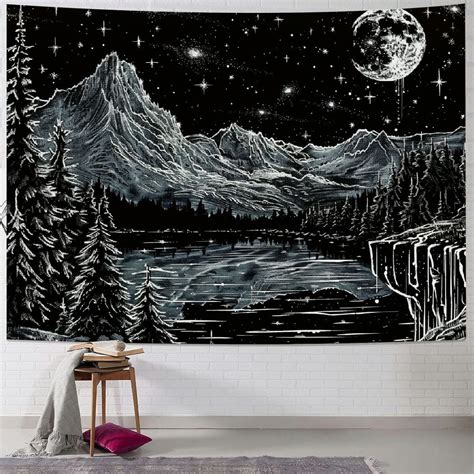 ONETECH Black And White Tapestry Starry Night Mountain Tapestries For