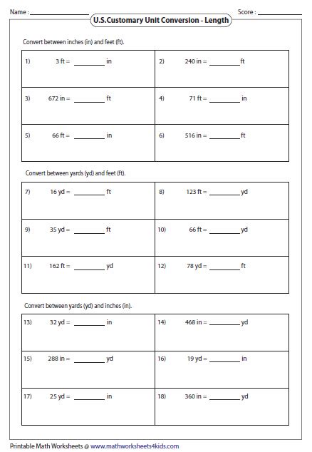 Us Customary Unit Conversion Worksheets