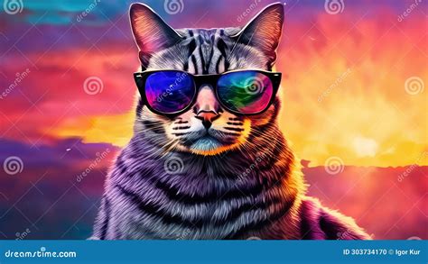 Funny Illustration With A Cute Cat Wearing Sunglasses 4k Stock