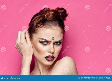 Attractive Woman Naked Shoulders Cosmetics Bright Makeup Pink